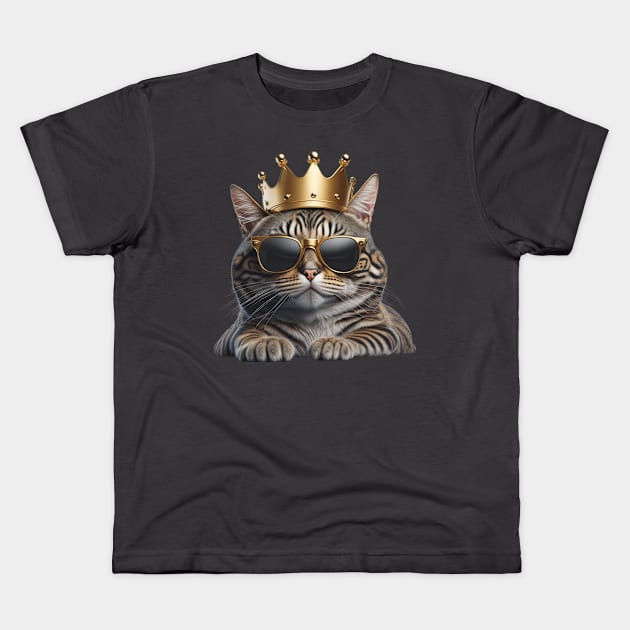 Cute Tabby Cat Wearing a Crown, Cat wearing Glasses Kids T-Shirt by Sovereign Species